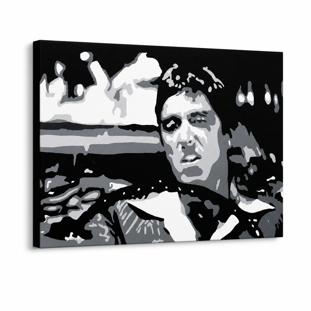 Ručno oslikana POP Art slika AL PACINO 1 komad al13 – 3D vizualizacija ručno oslikanog platna na bijeloj pozadini. Dominantne boje: crna, bijela, siva.