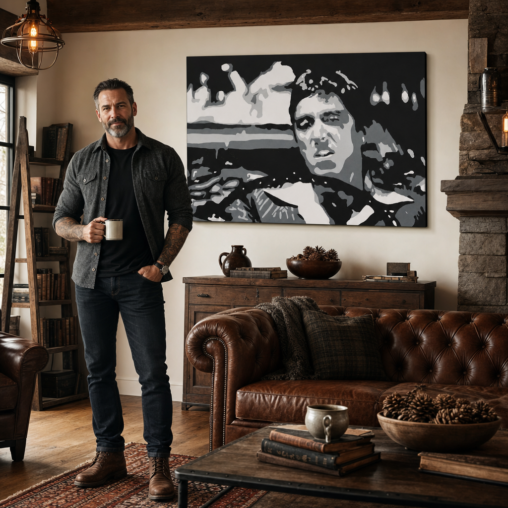 Ručno oslikana POP Art slika AL PACINO 1 komad al13 – slika u modernom muškom enterijeru, lifestyle vizualizacija. Dominantne boje: crna, bijela, siva.