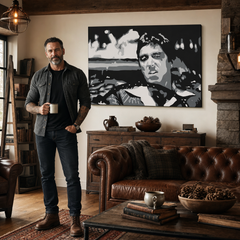 Ručno oslikana POP Art slika AL PACINO 1 komad al13 – slika u modernom muškom enterijeru, lifestyle vizualizacija. Dominantne boje: crna, bijela, siva.