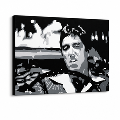 Ručno oslikana POP Art slika AL PACINO 1 komad al13 – 3D vizualizacija ručno oslikanog platna na bijeloj pozadini. Dominantne boje: crna, bijela, siva.