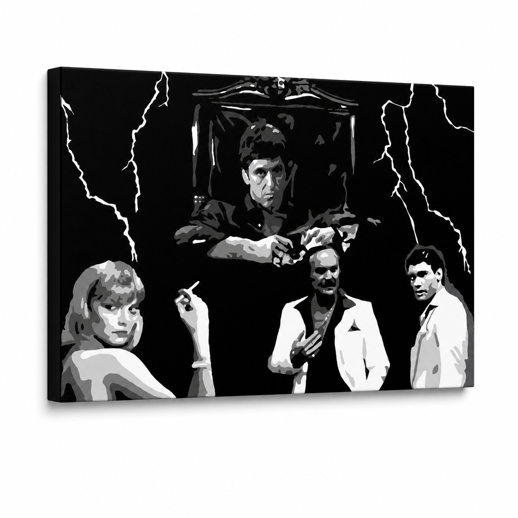 Ručno oslikana POP Art slika AL PACINO 1 komad al15 – 3D vizualizacija ručno oslikanog platna na bijeloj pozadini. Dominantne boje: crna, bijela, siva.