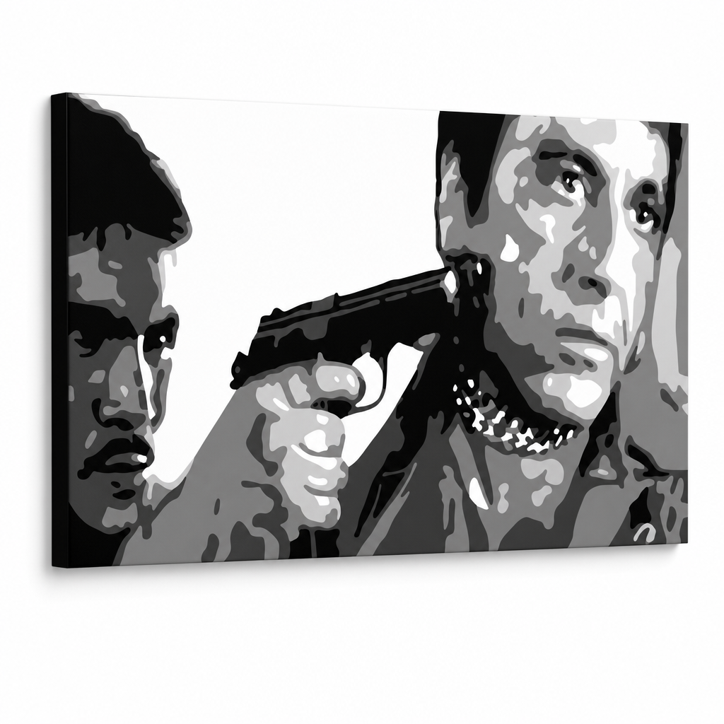 Ručno oslikana POP Art slika AL PACINO 1 komad al20 – 3D vizualizacija ručno oslikanog platna na bijeloj pozadini. Dominantne boje: crna, bijela, siva.