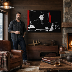 Ručno oslikana POP Art slika AL PACINO 1 komad al30 – slika u modernom muškom enterijeru, lifestyle vizualizacija. Dominantne boje: crna, crvena, siva, bijela.