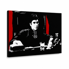 Ručno oslikana POP Art slika AL PACINO 1 komad al30 – 3D vizualizacija ručno oslikanog platna na bijeloj pozadini. Dominantne boje: crna, crvena, siva, bijela.