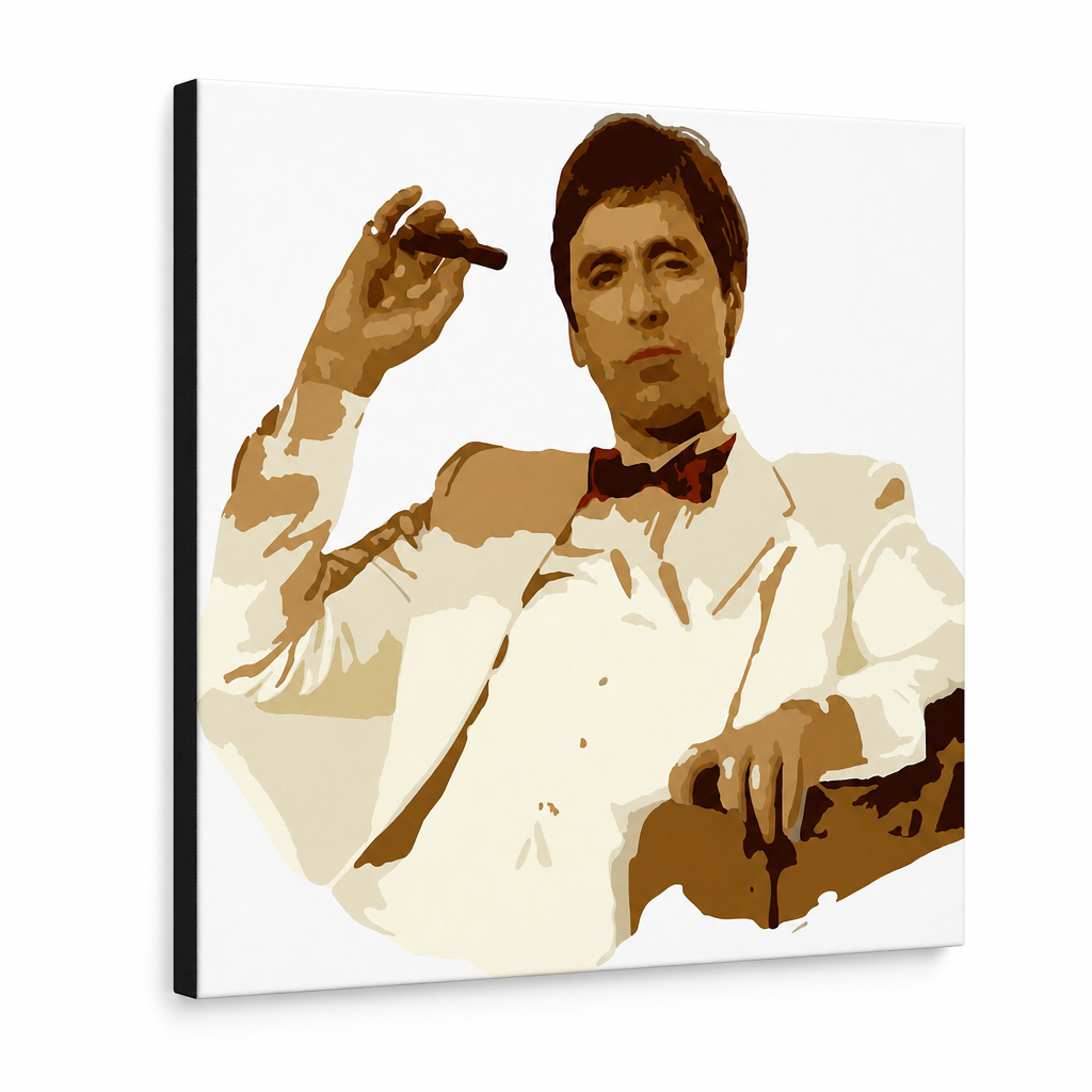 Ručno oslikana POP Art slika AL PACINO 1 komad al35 – 3D vizualizacija ručno oslikanog platna na bijeloj pozadini. Dominantne boje: smeđa, bijela, zlatna.
