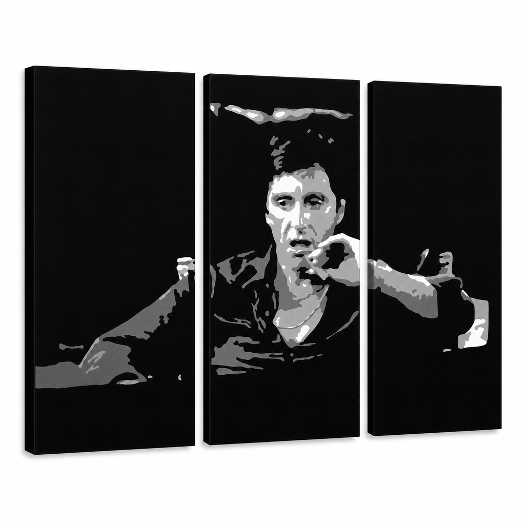 Ručno oslikana POP Art slika AL PACINO 3 dijela al16 – 3D vizualizacija ručno oslikanog platna na bijeloj pozadini. Dominantne boje: crna, siva, bijela.