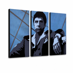 Ručno oslikana POP Art slika AL PACINO 3 dijela al19 – 3D vizualizacija ručno oslikanog platna na bijeloj pozadini. Dominantne boje: plava, crna, bijela.