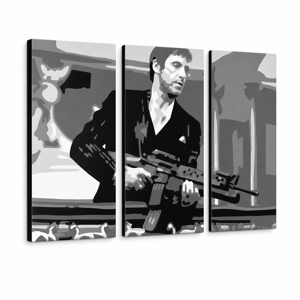 Ručno oslikana POP Art slika AL PACINO 3 dijela al2 – 3D vizualizacija ručno oslikanog platna na bijeloj pozadini. Dominantne boje: crna, siva, bijela.