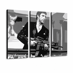 Ručno oslikana POP Art slika AL PACINO 3 dijela al2 – 3D vizualizacija ručno oslikanog platna na bijeloj pozadini. Dominantne boje: crna, siva, bijela.