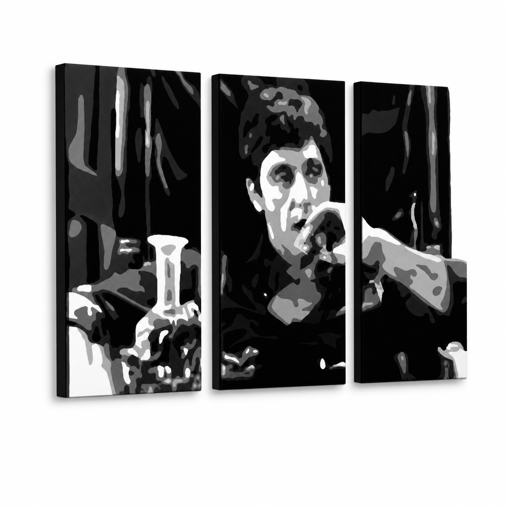 Ručno oslikana POP Art slika AL PACINO 3 dijela al22 – 3D vizualizacija ručno oslikanog platna na bijeloj pozadini. Dominantne boje: crna, siva, bijela.