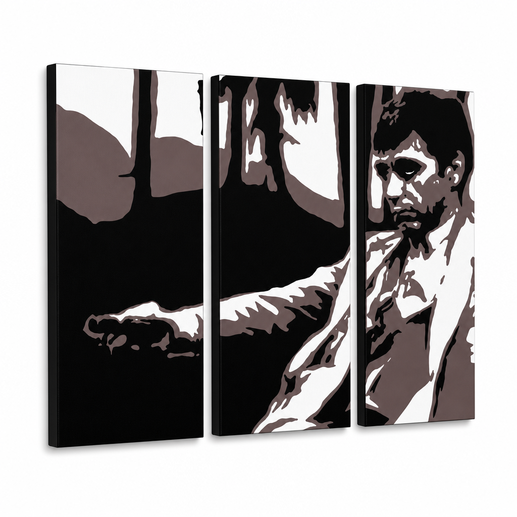 Ručno oslikana POP Art slika AL PACINO 3 dijela al24 – 3D vizualizacija ručno oslikanog platna na bijeloj pozadini. Dominantne boje: crna, smeđa, bijela, siva.