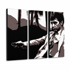 Ručno oslikana POP Art slika AL PACINO 3 dijela al24 – 3D vizualizacija ručno oslikanog platna na bijeloj pozadini. Dominantne boje: crna, smeđa, bijela, siva.