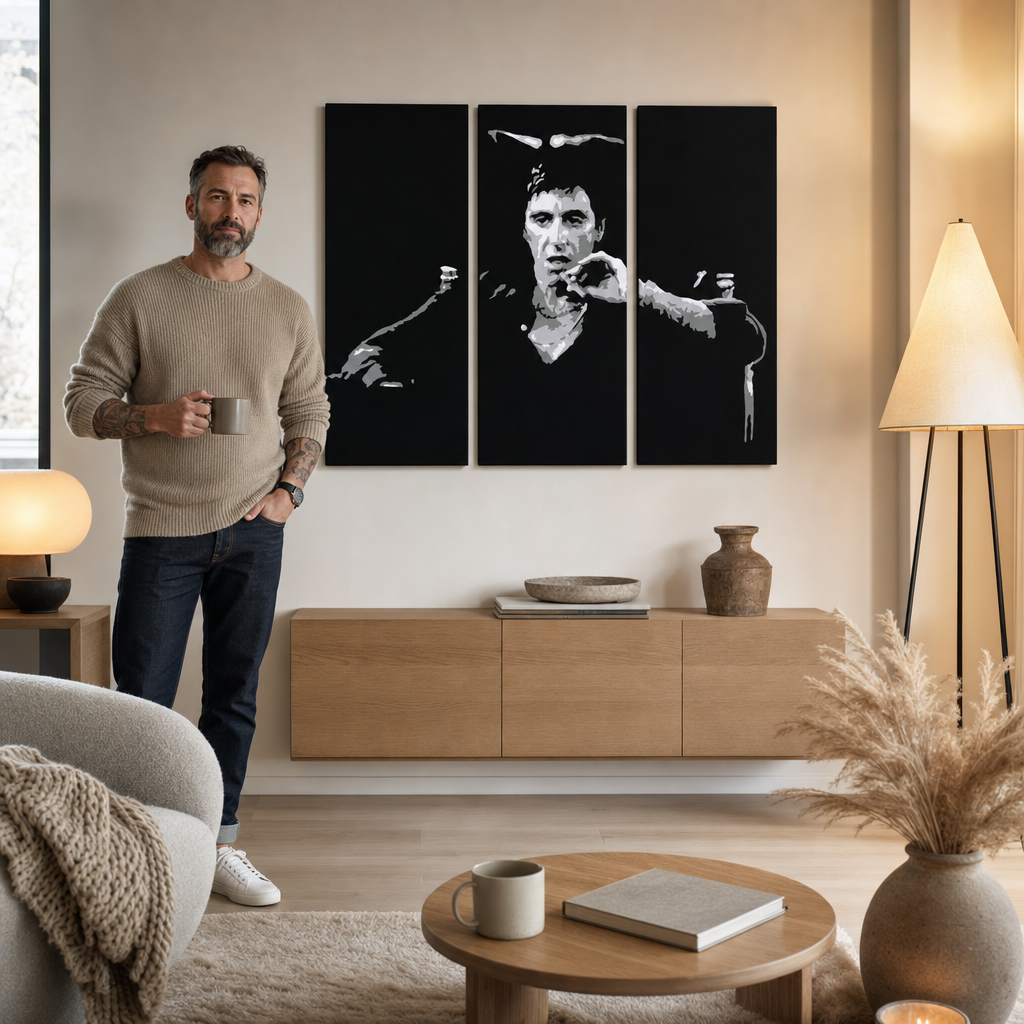 Ručno oslikana POP Art slika AL PACINO 3 dijela al27 – slika u modernom muškom enterijeru, lifestyle vizualizacija. Dominantne boje: crna, siva, bijela.