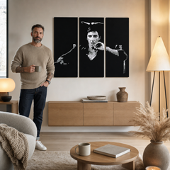 Ručno oslikana POP Art slika AL PACINO 3 dijela al27 – slika u modernom muškom enterijeru, lifestyle vizualizacija. Dominantne boje: crna, siva, bijela.