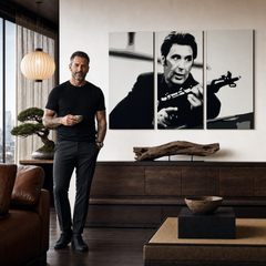 Ručno oslikana POP Art slika AL PACINO 3 dijela al4 – slika u modernom muškom enterijeru, lifestyle vizualizacija. Dominantne boje: crna, bijela, siva.
