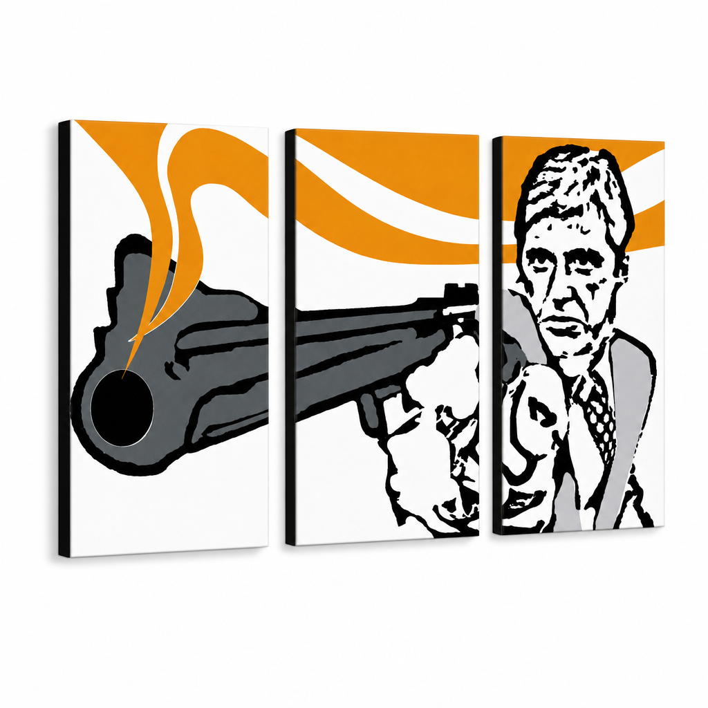 Ručno oslikana POP Art slika AL PACINO 3 dijela al7 – 3D vizualizacija ručno oslikanog platna na bijeloj pozadini. Dominantne boje: crna, narandžasta, bijela, siva.