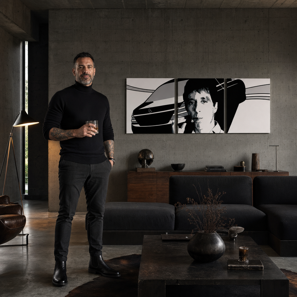 Ručno oslikana POP Art slika AL PACINO 3 dijela al9 – slika u modernom muškom enterijeru, lifestyle vizualizacija. Dominantne boje: crna, bijela, siva.