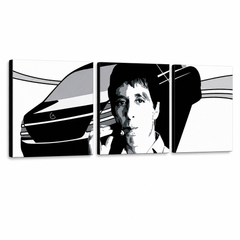 Ručno oslikana POP Art slika AL PACINO 3 dijela al9 – 3D vizualizacija ručno oslikanog platna na bijeloj pozadini. Dominantne boje: crna, bijela, siva.