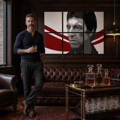 Ručno oslikana POP Art slika AL PACINO 6-dijelna al6 – slika u modernom muškom enterijeru, lifestyle vizualizacija. Dominantne boje: crna, crvena, bijela.