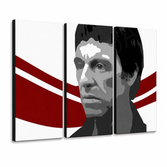 Ručno oslikana POP Art slika AL PACINO 6-dijelna al6 – 3D vizualizacija ručno oslikanog platna na bijeloj pozadini. Dominantne boje: crna, crvena, bijela.