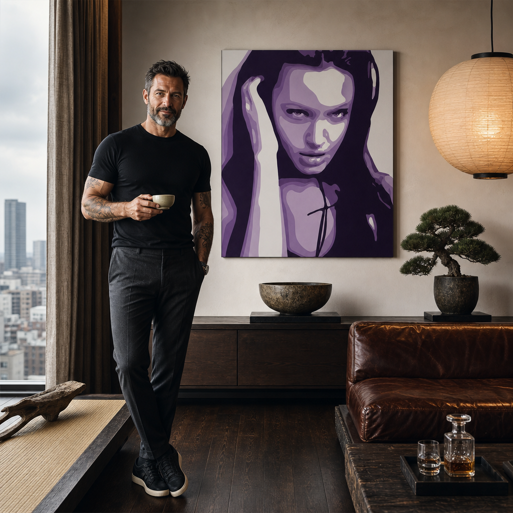 Ručno oslikana POP Art slika Angelina Jolie 1 dio aj2 – slika u modernom muškom enterijeru, lifestyle vizualizacija. Dominantne boje: ljubičasta, crna, bijela.