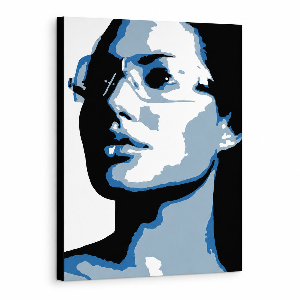 Ručno oslikana POP Art slika Angelina Jolie 1 komad, parno – 3D vizualizacija ručno oslikanog platna na bijeloj pozadini. Dominantne boje: plava, siva, crna.