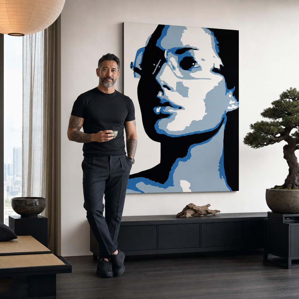 Ručno oslikana POP Art slika Angelina Jolie 1 komad, parno – slika u modernom muškom enterijeru, lifestyle vizualizacija. Dominantne boje: plava, siva, crna.