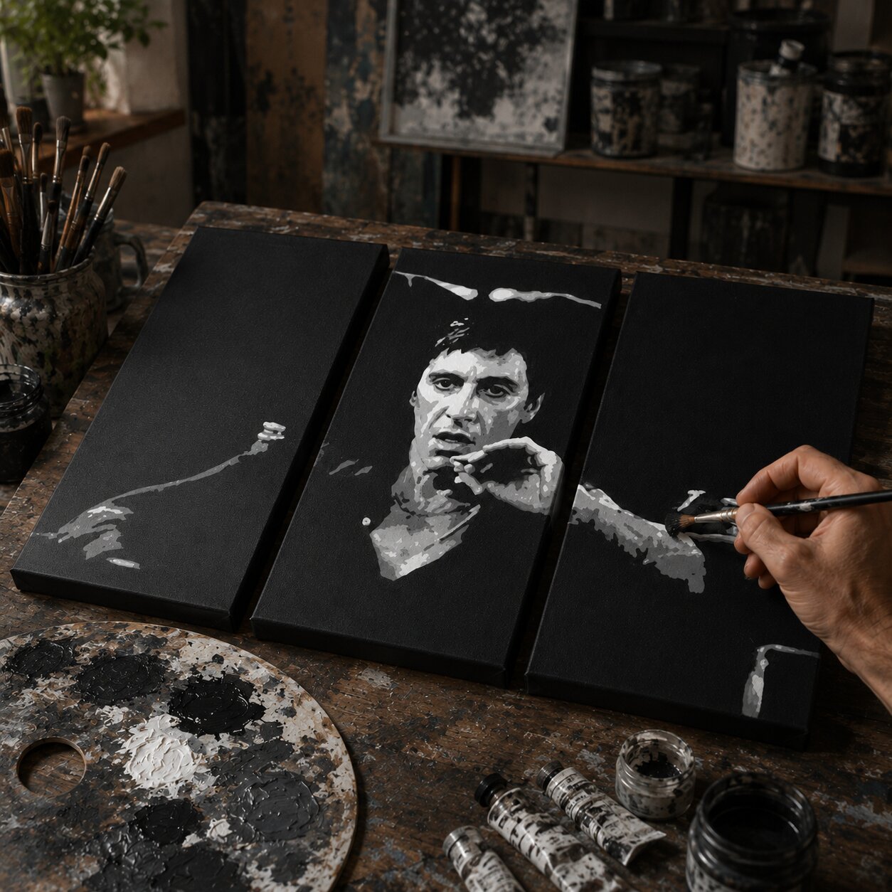 Ručno oslikana POP Art slika APSTRAKT 3 dijela apstrakt2 – Papilora atelje – ručno oslikavanje POP Art platna. Dominantne boje: crna, smeđa, roza, bež.
