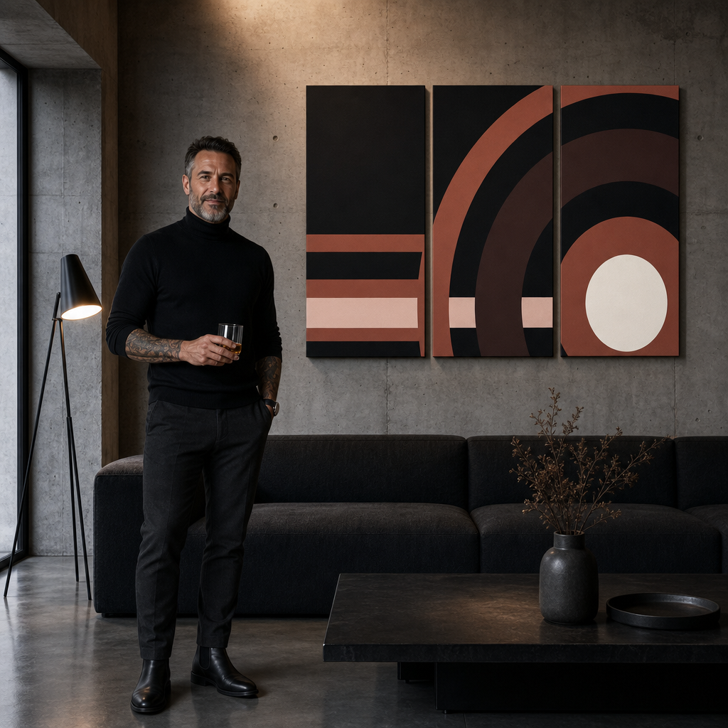 Ručno oslikana POP Art slika APSTRAKT 3 dijela apstrakt2 – slika u modernom muškom enterijeru, lifestyle vizualizacija. Dominantne boje: crna, smeđa, roza, bež.