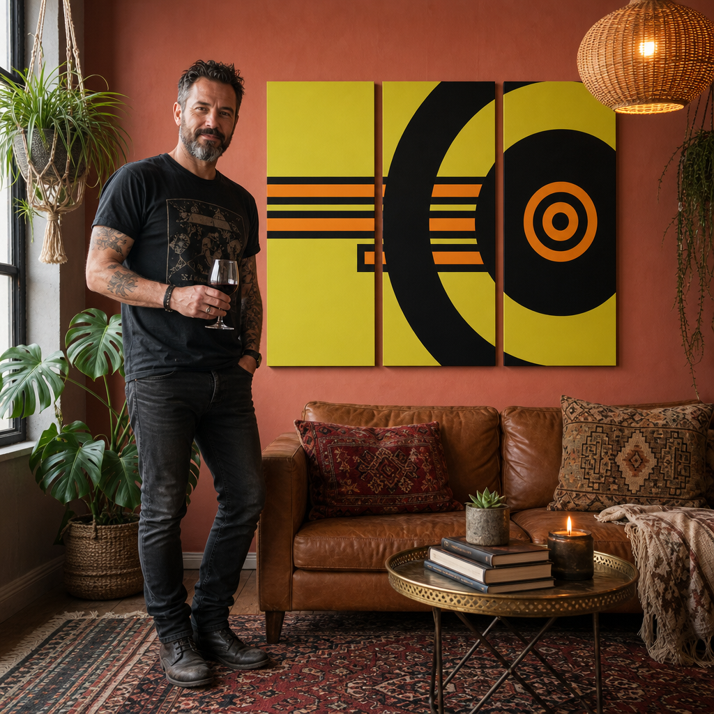 Ručno oslikana POP Art slika APSTRAKT 3-dijelna apstrakcija1 – slika u modernom muškom enterijeru, lifestyle vizualizacija. Dominantne boje: žuta, crna, narandžasta.