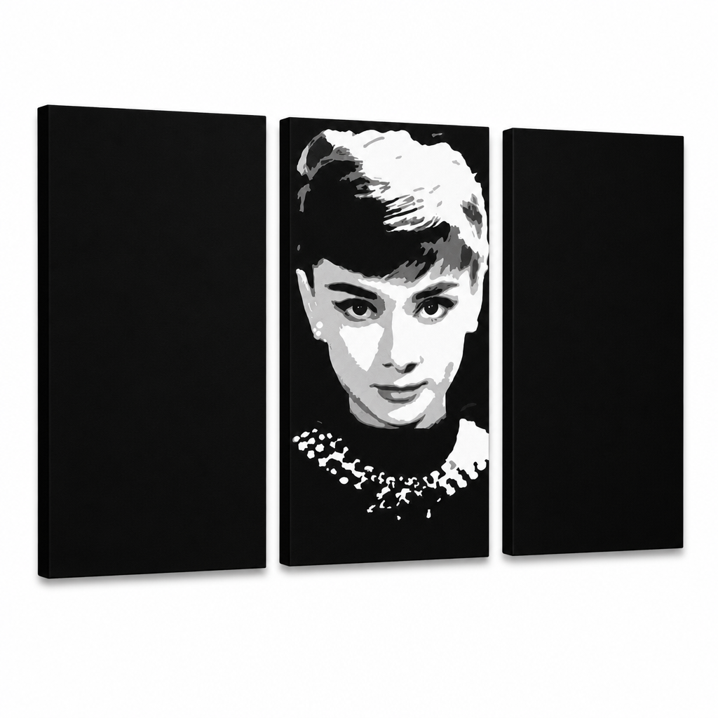Ručno oslikana POP Art slika Audrey HEPBHURN 3 dijela ah – 3D vizualizacija ručno oslikanog platna na bijeloj pozadini. Dominantne boje: crna, bijela, siva.