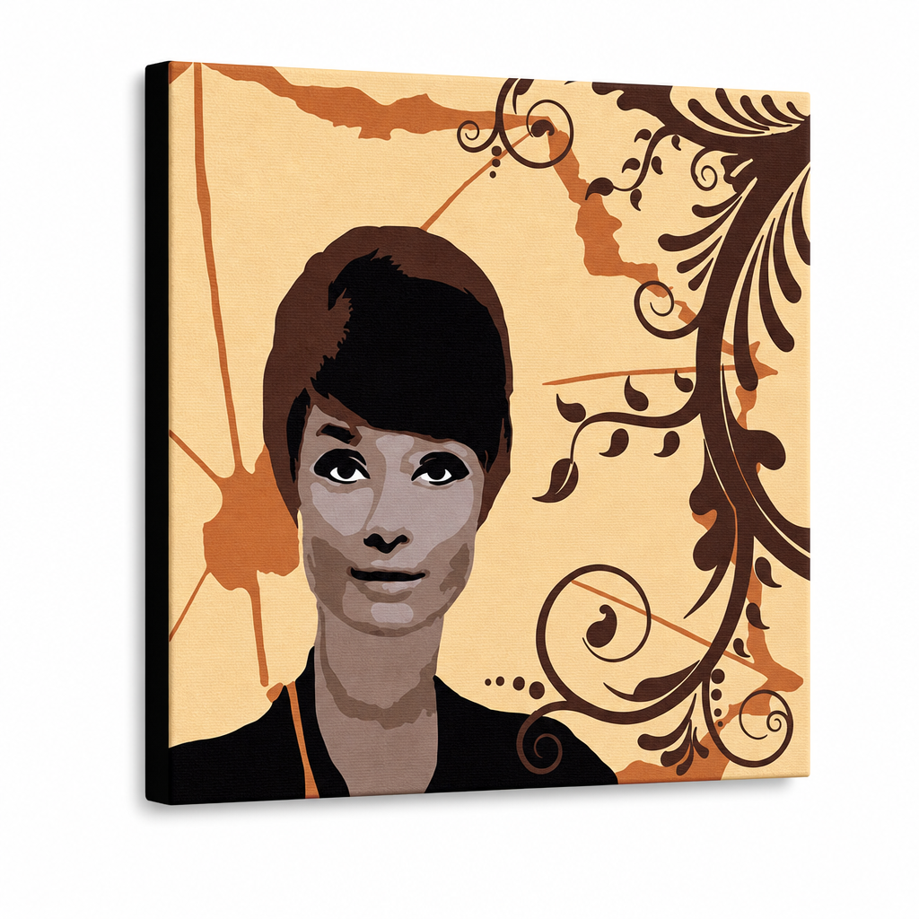 Ručno oslikana POP Art slika Audrey Hepburn 1 komad ah7 – 3D vizualizacija ručno oslikanog platna na bijeloj pozadini. Dominantne boje: smeđa, narandžasta, crna.