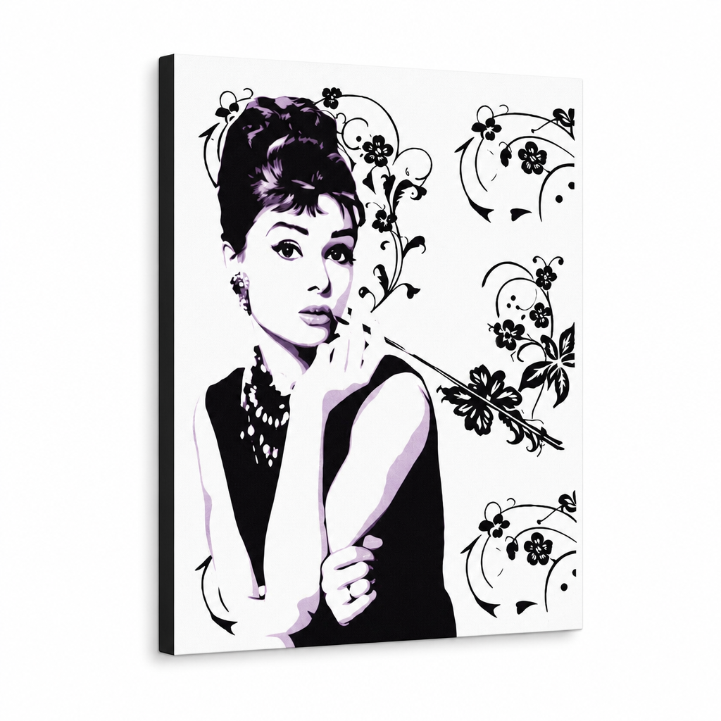 Ručno oslikana POP Art slika Audrey Hepburn ah5 – 3D vizualizacija ručno oslikanog platna na bijeloj pozadini. Dominantne boje: crna, bijela, ljubičasta.