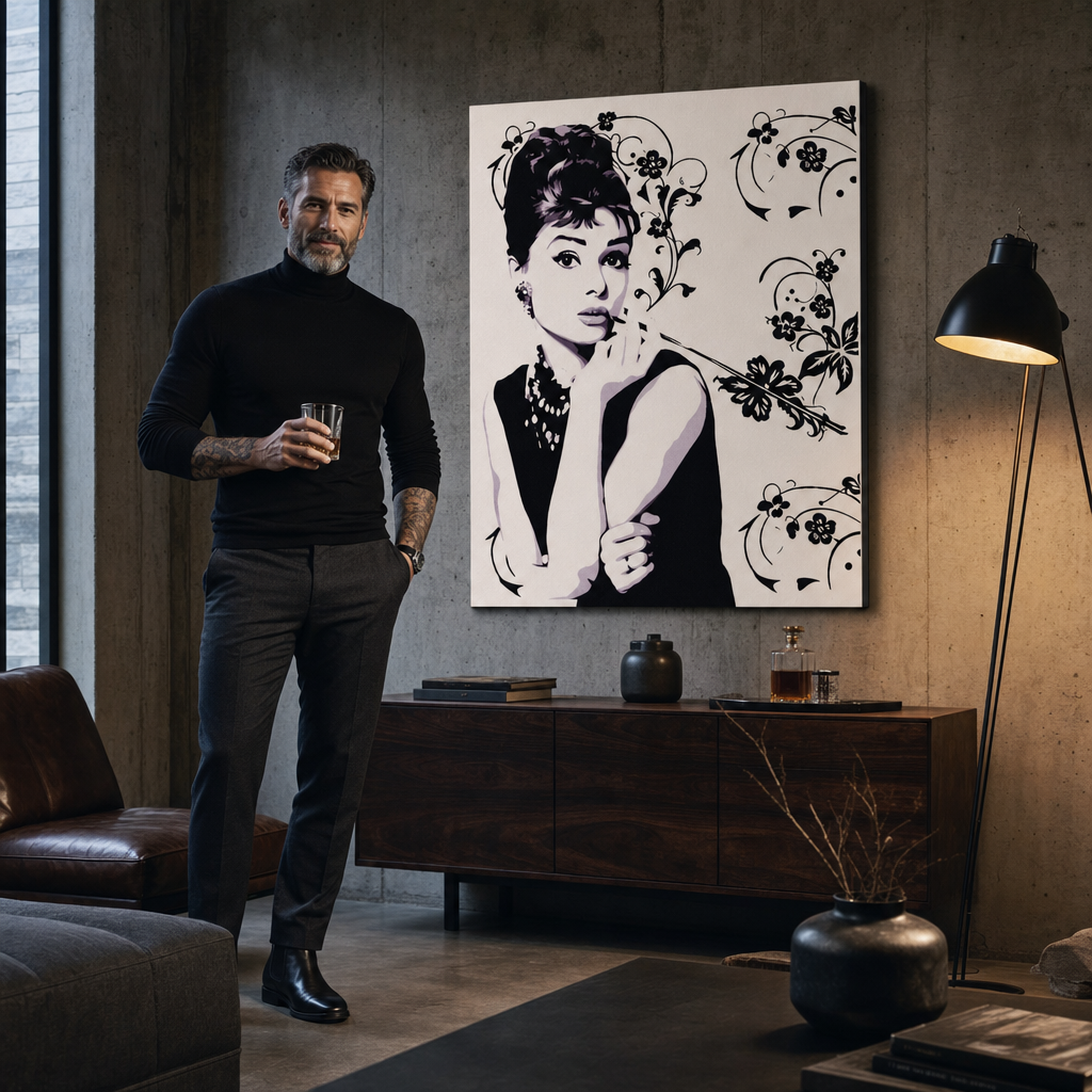 Ručno oslikana POP Art slika Audrey Hepburn ah5 – slika u modernom muškom enterijeru, lifestyle vizualizacija. Dominantne boje: crna, bijela, ljubičasta.