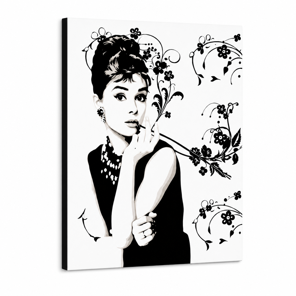 Ručno oslikana POP Art slika Audrey Hepburn ah6 – 3D vizualizacija ručno oslikanog platna na bijeloj pozadini. Dominantne boje: crna, siva, roza.