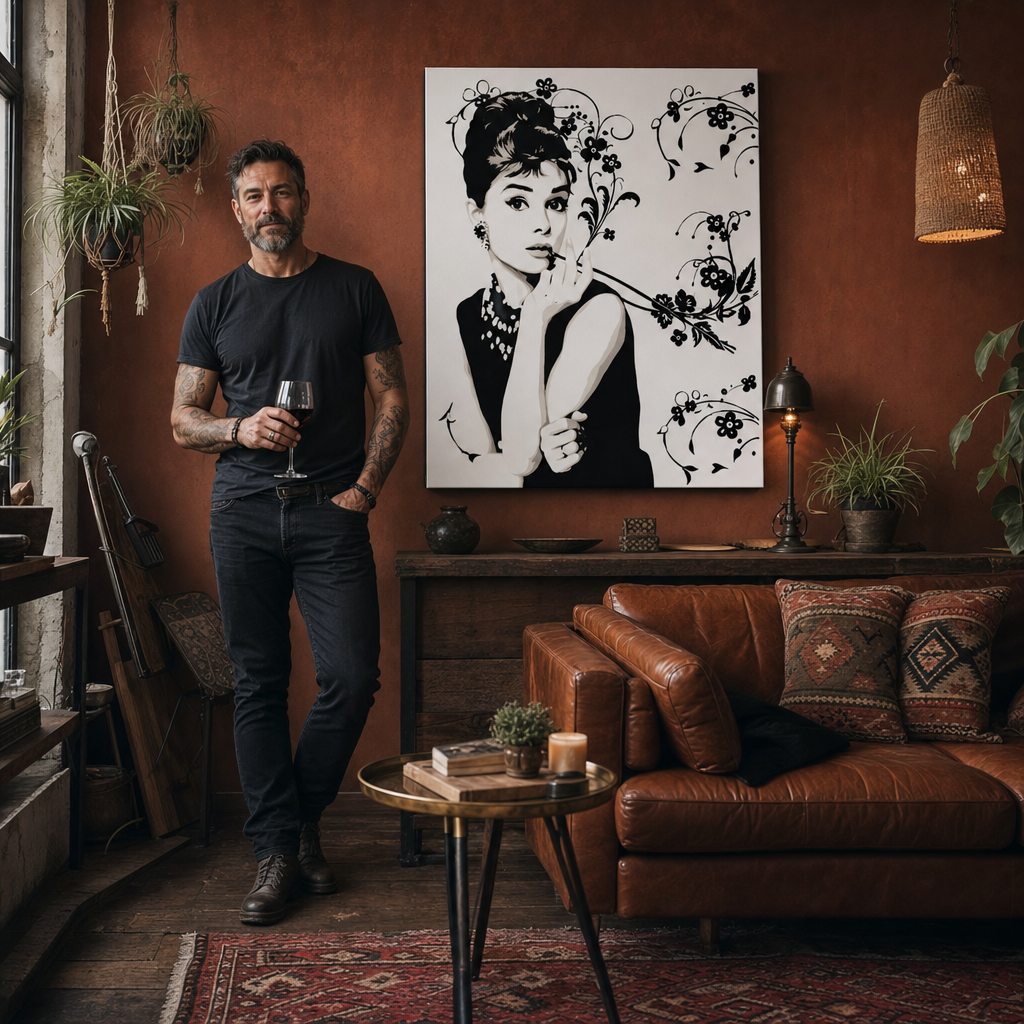 Ručno oslikana POP Art slika Audrey Hepburn ah6 – slika u modernom muškom enterijeru, lifestyle vizualizacija. Dominantne boje: crna, siva, roza.