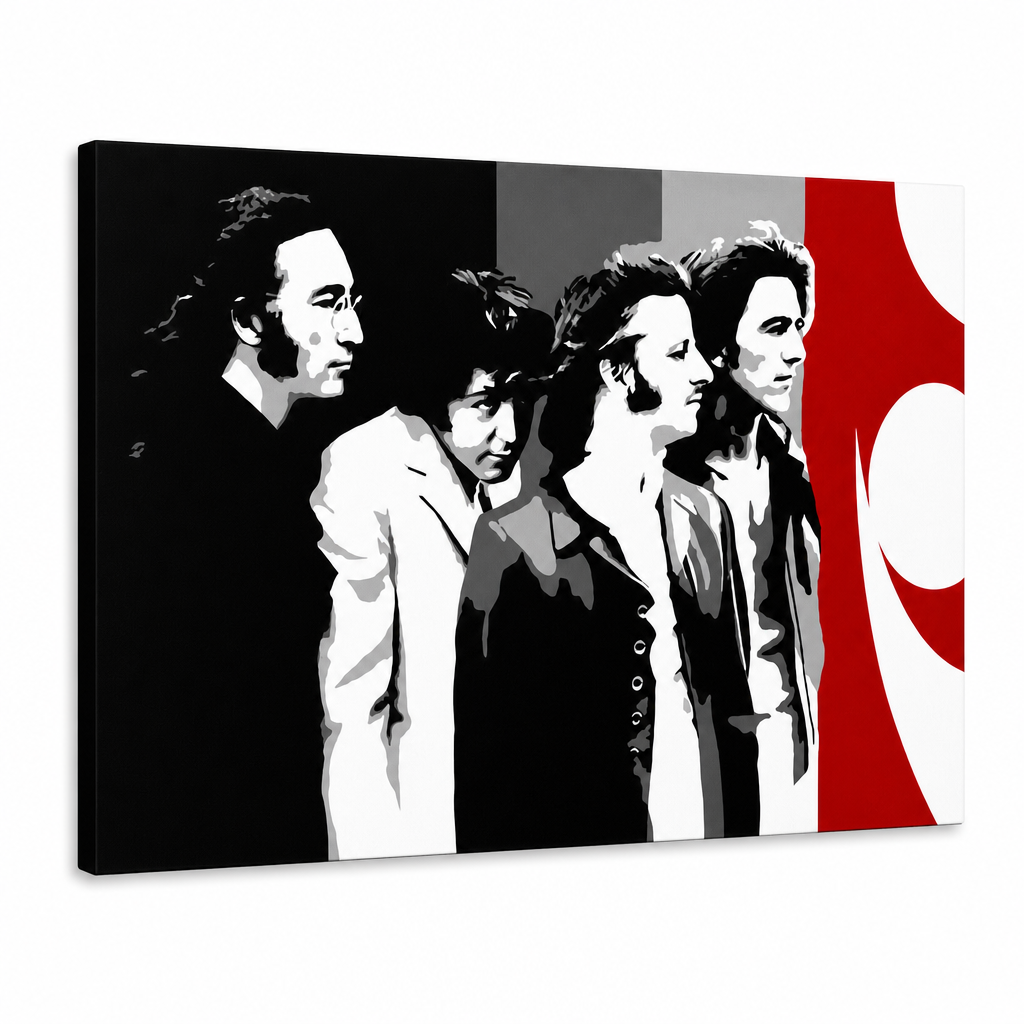 Ručno oslikana POP Art slika BEATLES 1 komad beat7 – 3D vizualizacija ručno oslikanog platna na bijeloj pozadini. Dominantne boje: crna, bijela, crvena, siva.