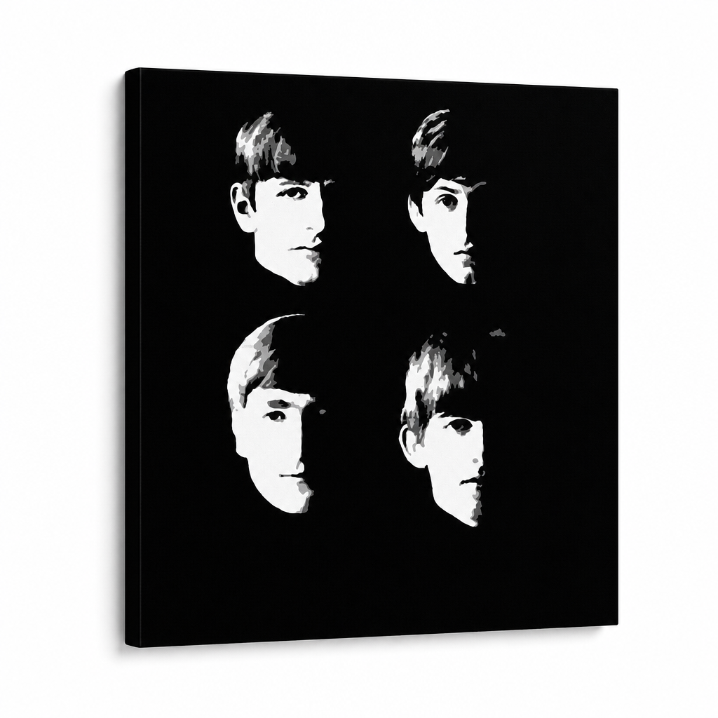 Ručno oslikana POP Art slika BEATLES 1 komad beat8 – 3D vizualizacija ručno oslikanog platna na bijeloj pozadini. Dominantne boje: crna, bijela.