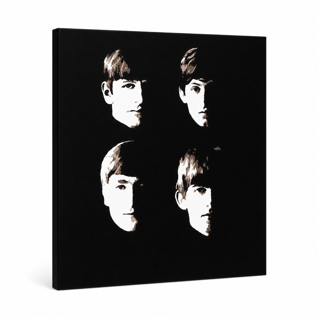 Ručno oslikana POP Art slika BEATLES 1 komad beat9 – 3D vizualizacija ručno oslikanog platna na bijeloj pozadini. Dominantne boje: crna, bež, smeđa.