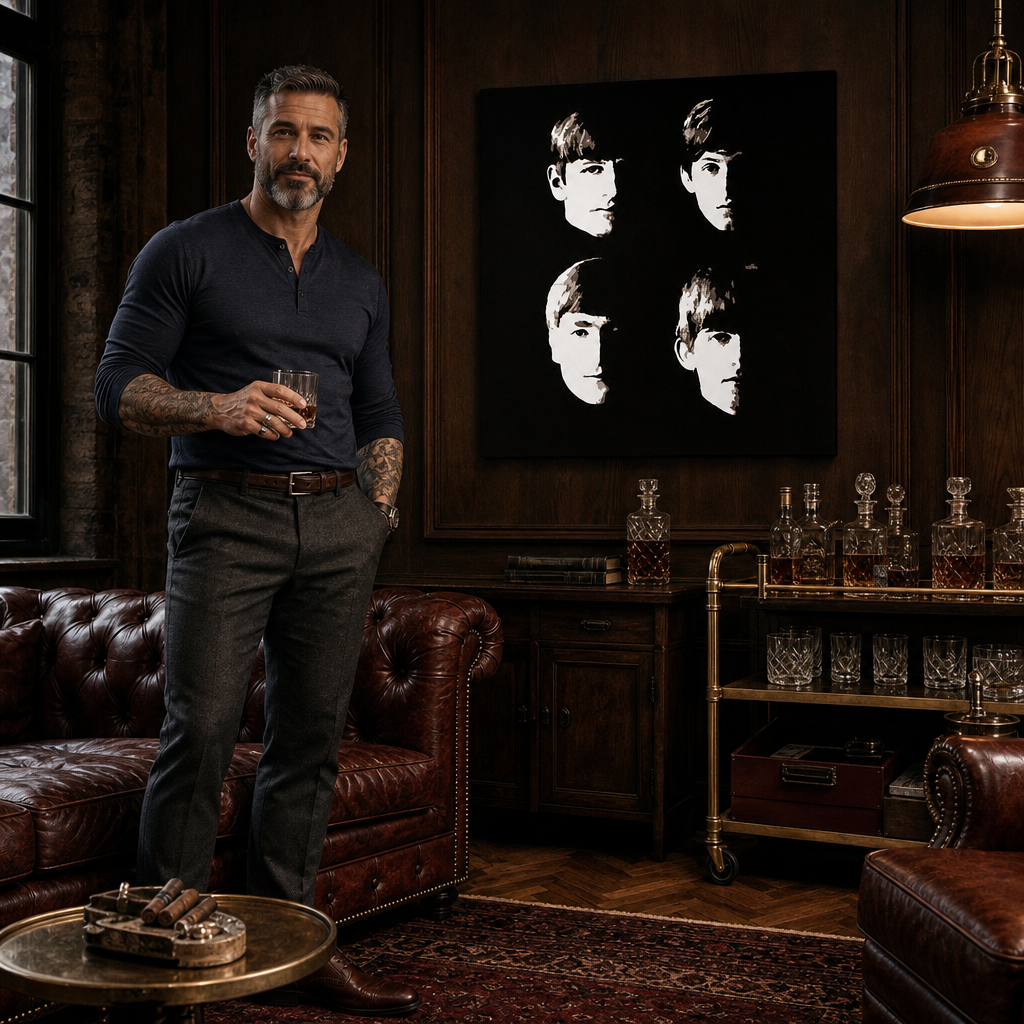 Ručno oslikana POP Art slika BEATLES 1 komad beat9 – slika u modernom muškom enterijeru, lifestyle vizualizacija. Dominantne boje: crna, bež, smeđa.
