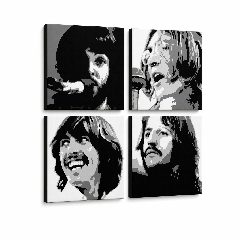 Ručno oslikana POP Art slika BEATLES 4 dijela bea4 – 3D vizualizacija ručno oslikanog platna na bijeloj pozadini. Dominantne boje: crna, bijela, siva.