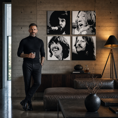 Ručno oslikana POP Art slika BEATLES 4 dijela bea4 – slika u modernom muškom enterijeru, lifestyle vizualizacija. Dominantne boje: crna, bijela, siva.