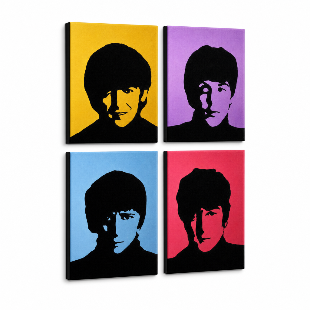 Ručno oslikana POP Art slika BEATLES 4 dijela bea6 – 3D vizualizacija ručno oslikanog platna na bijeloj pozadini. Dominantne boje: žuta, ljubičasta, plava, crvena, crna.