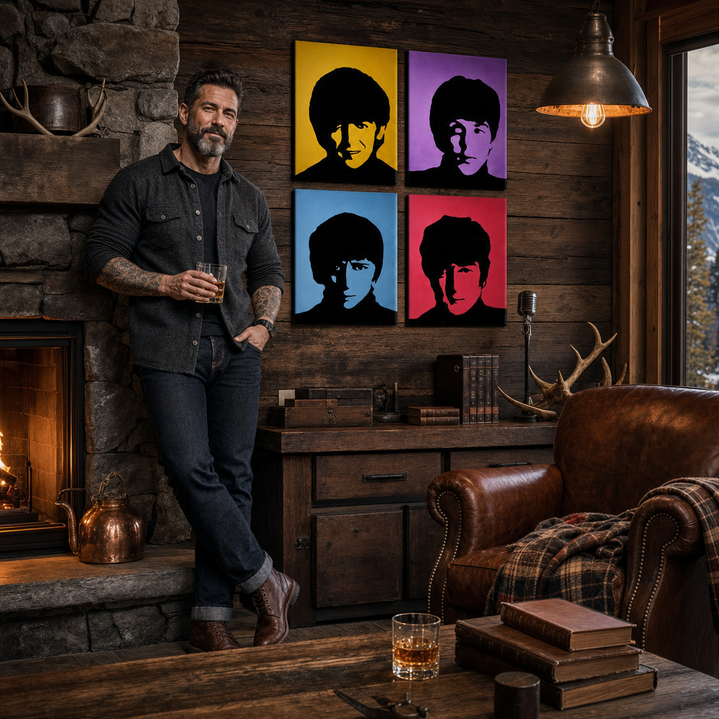 Ručno oslikana POP Art slika BEATLES 4 dijela bea6 – slika u modernom muškom enterijeru, lifestyle vizualizacija. Dominantne boje: žuta, ljubičasta, plava, crvena, crna.