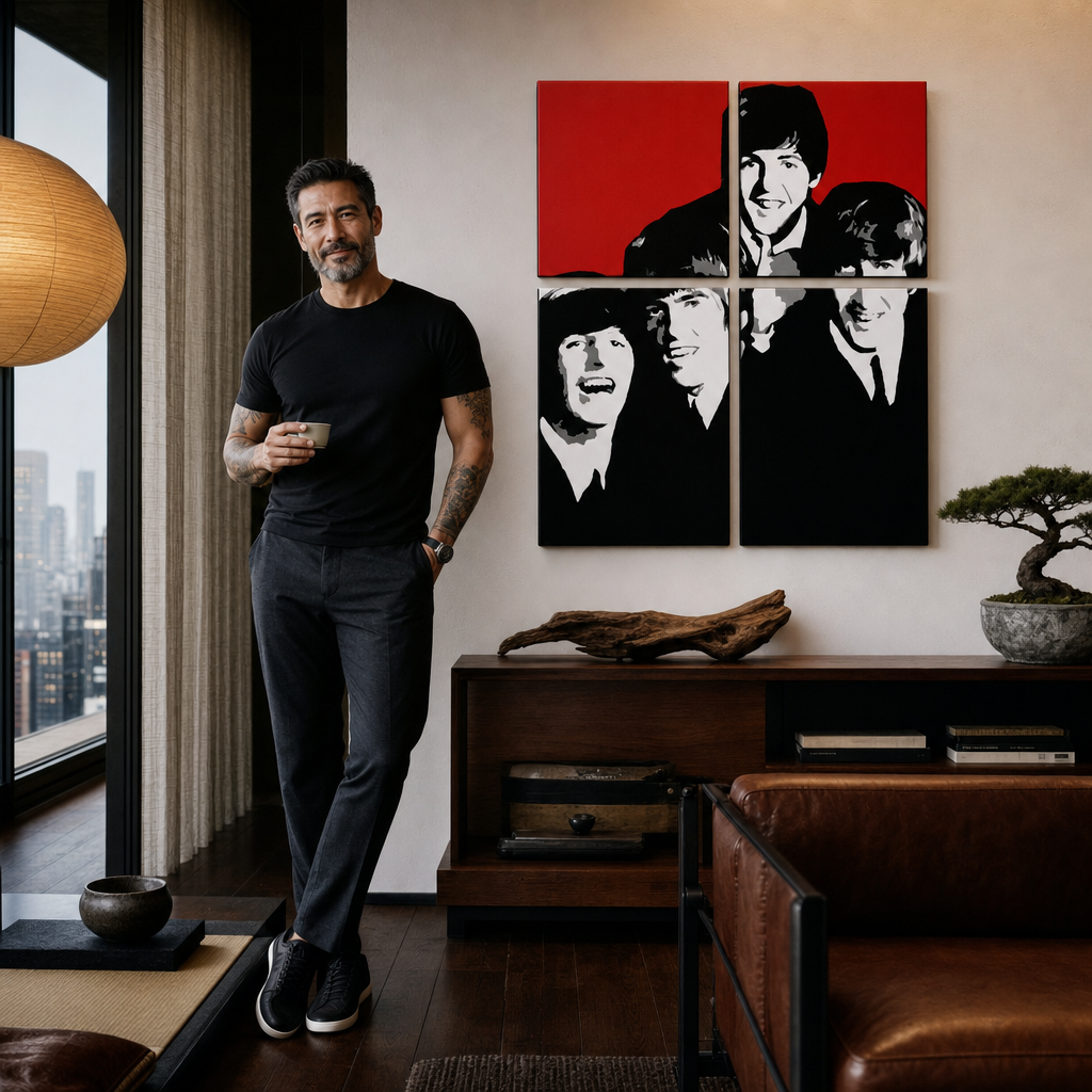 Ručno oslikana POP Art slika BEATLES 4 dijela bea7 – slika u modernom muškom enterijeru, lifestyle vizualizacija. Dominantne boje: crvena, crna, bijela, siva.
