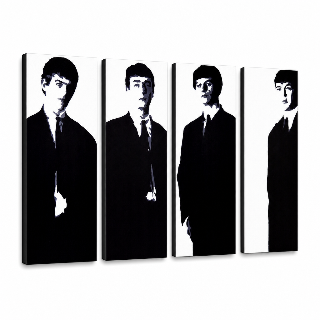 Ručno oslikana POP Art slika Beatlesi od 4 dijela bea3 – 3D vizualizacija ručno oslikanog platna na bijeloj pozadini. Dominantne boje: crna, bijela, siva.