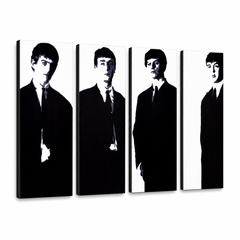 Ručno oslikana POP Art slika Beatlesi od 4 dijela bea3 – 3D vizualizacija ručno oslikanog platna na bijeloj pozadini. Dominantne boje: crna, bijela, siva.