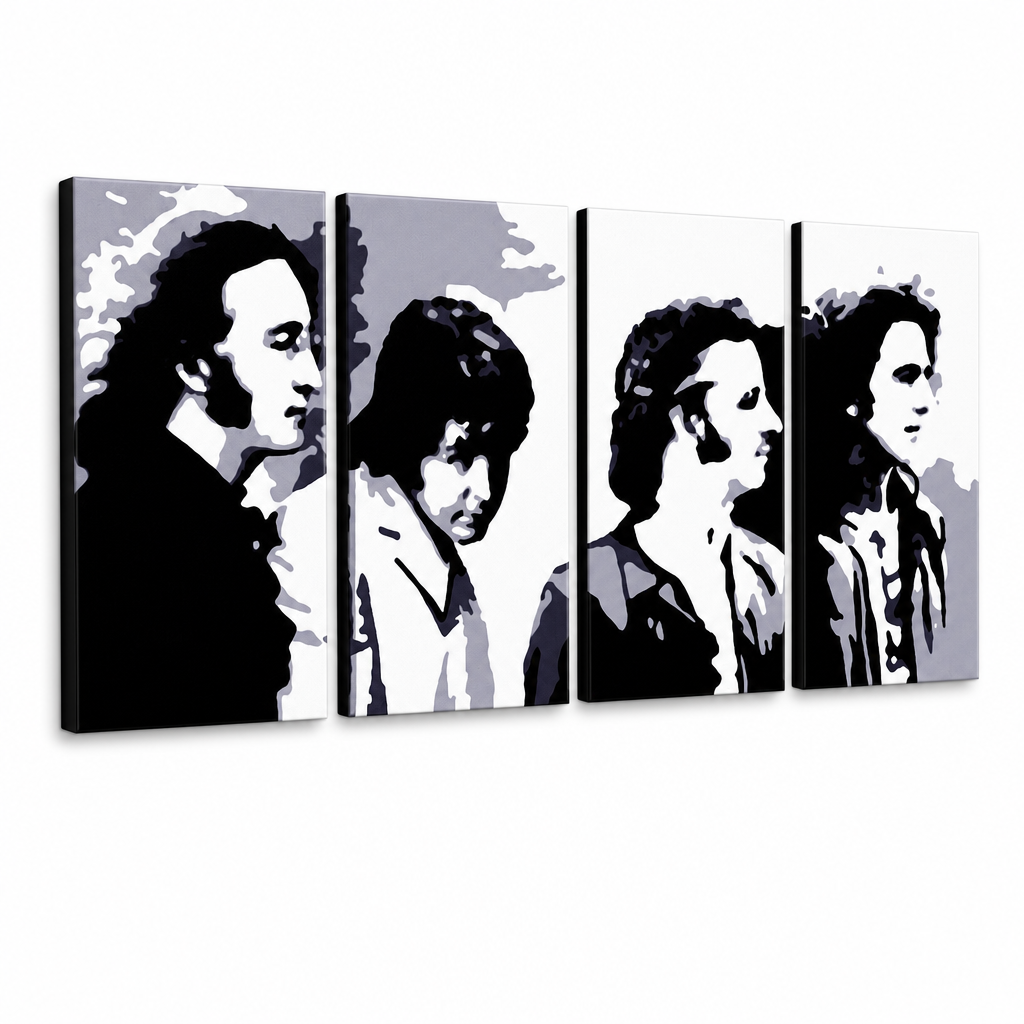 Ručno oslikana POP Art slika Beatlesi od 4 dijela bea5 – 3D vizualizacija ručno oslikanog platna na bijeloj pozadini. Dominantne boje: crna, siva, bijela, zlatna.