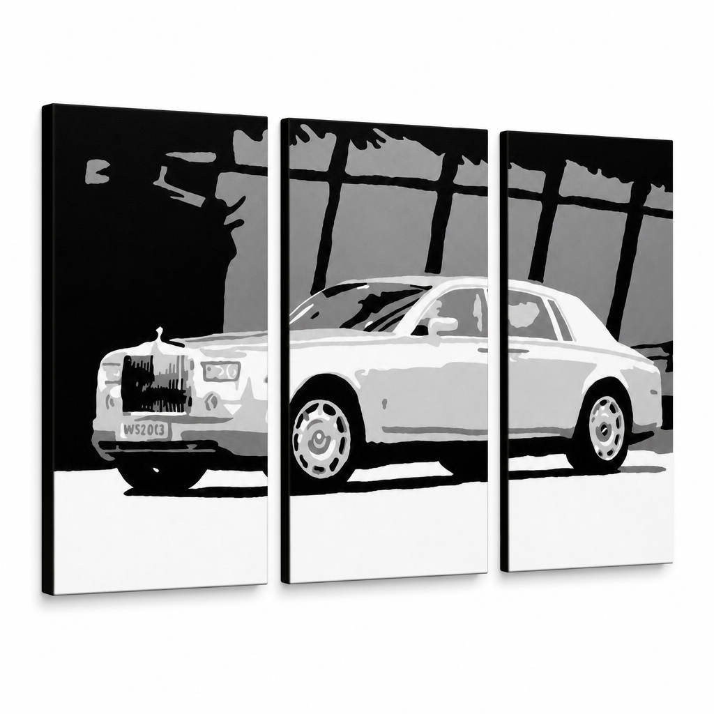 Ručno oslikana POP Art slika BENTLEY, savijena od 3 dijela – 3D vizualizacija ručno oslikanog platna na bijeloj pozadini. Dominantne boje: bijela, crna, siva.