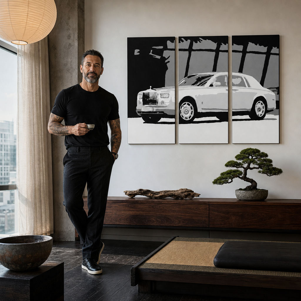 Ručno oslikana POP Art slika BENTLEY, savijena od 3 dijela – slika u modernom muškom enterijeru, lifestyle vizualizacija. Dominantne boje: bijela, crna, siva.